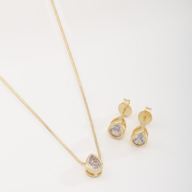 CJ-00326 CONJUNTO BANHADO A OURO 18K COM PEDRA EM FORMATO DE GOTA