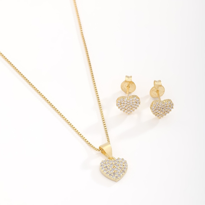 CJ-00331 CONJUNTO BANHADO A OURO 18K COM CORAÇÃO CRAVEJADO