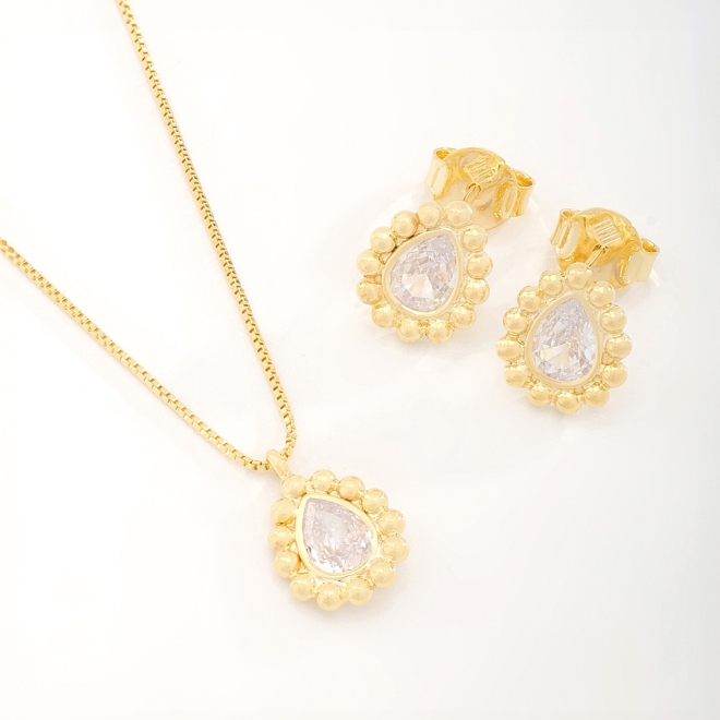 CJ-00333 CONJUNTO BANHADO A OURO 18K COM PINGENTE E BRINCOS COM PEDRA EM FORMATO DE GOTA