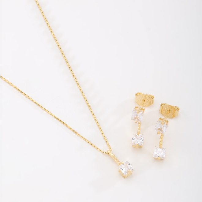 CJ-00336 CONJUNTO COM ZIRCÔNIAS QUADRADAS LAPIDADAS