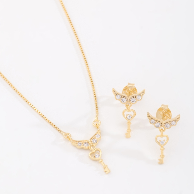 CJ-00369 CONJUNTO COM DESIGN DE CHAVE E ASAS EM ZIRCÔNIAS