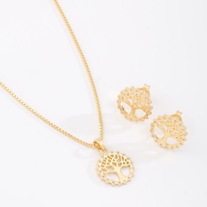 CJ-00371 CONJUNTO BANHADO A OURO 18K COM PINGENTE E BRINCOS EM FORMATO DE ÁRVORE DA VIDA