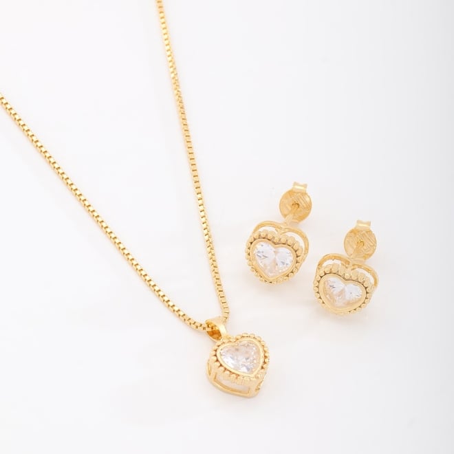 CJS-00007 CONJUNTO BANHADO A OURO 18K EM CORAÇÃO DE ZIRCÔNIA LAPIDADA.