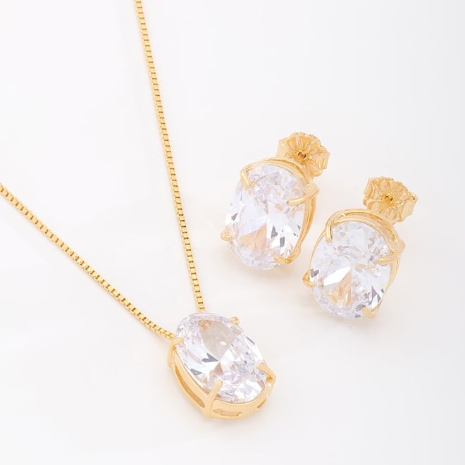 CJS-00020 CONJUNTO BANHADO A OURO 18K COM PEDRAS OVAIS LAPIDADAS.