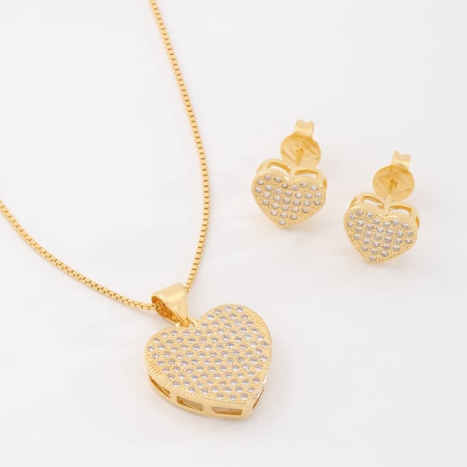 CJS-00035 CONJUNTO BANHADO A OURO 18K COM CORAÇÃO  CRAVEJADO EM ZIRCÔNIAS