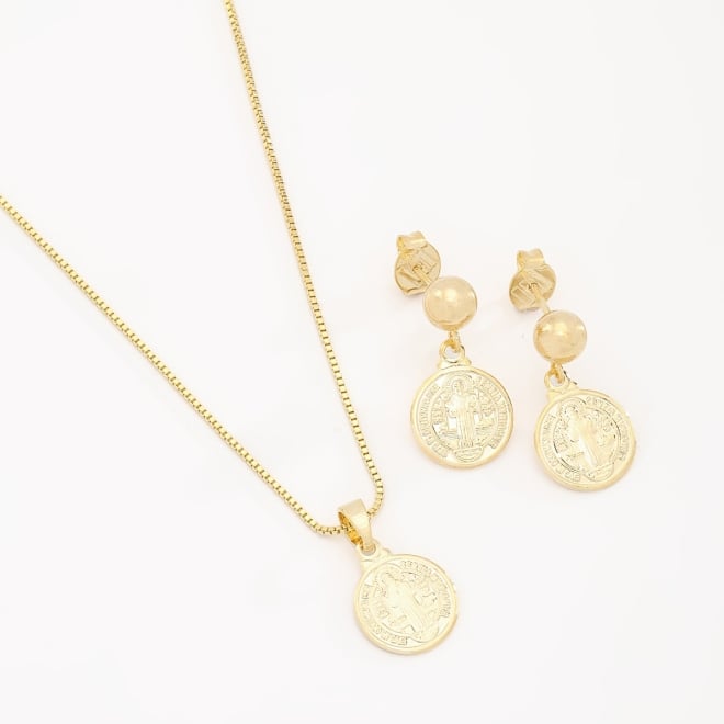 CJS-00045 CONJUNTO BANHADO A OURO 18K COM MEDALHA DE SÃO BENTO