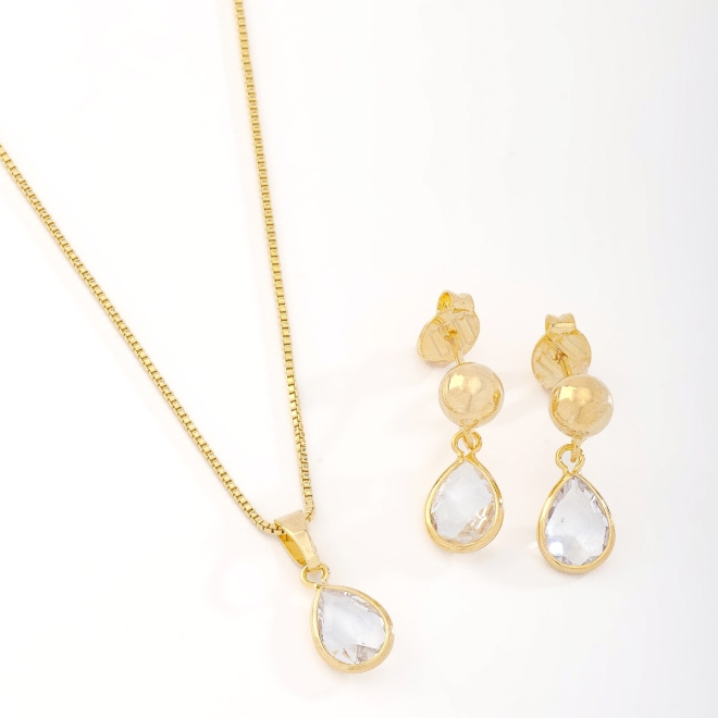 CJS-00048 CONJUNTO BANHADO A OURO 18K COM DESIGN CLÁSSICO E ELEGANTE
