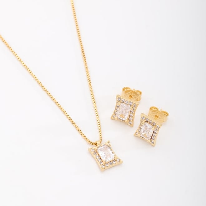CJS-00051 CONJUNTO BANHADO A OURO 18K COM DESIGN RETANGULAR EM ZIRCÔNIA BAGUETE E CONTORNADO POR ZIRCÔNIAS