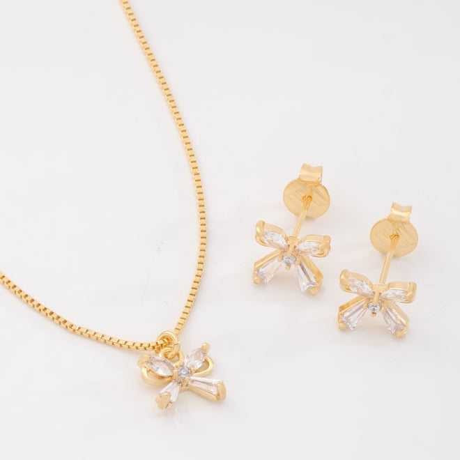 CJS-00053 CONJUNTO BANHADO A OURO 18K COM LAÇO FORMADO POR ZIRCÔNIAS