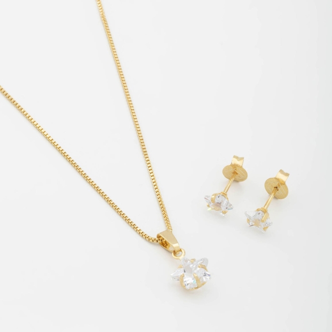 CJS-00056 CONJUNTO BANHADO A OURO 18K COM PINGENTE E BRINCOS EM FORMATO DE ESTRELA