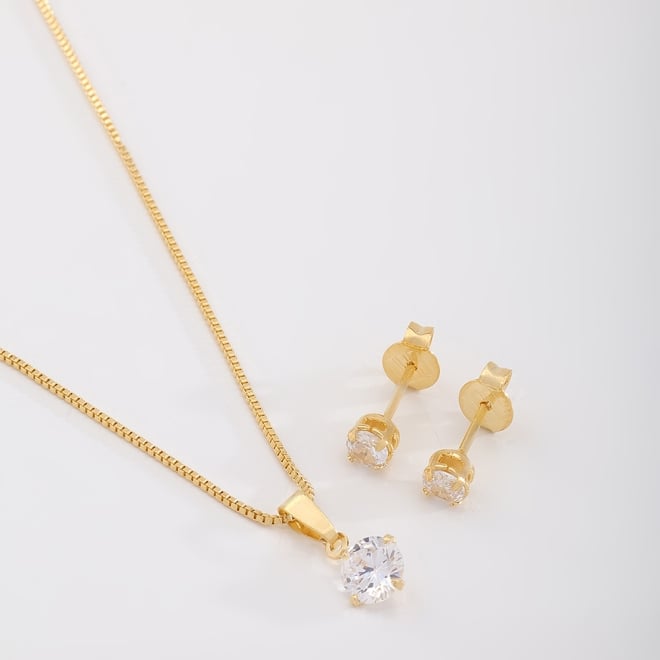 CJS-00058 CONJUNTO BANHADO A OURO 18K COM PINGENTE DE ZIRCÔNIA