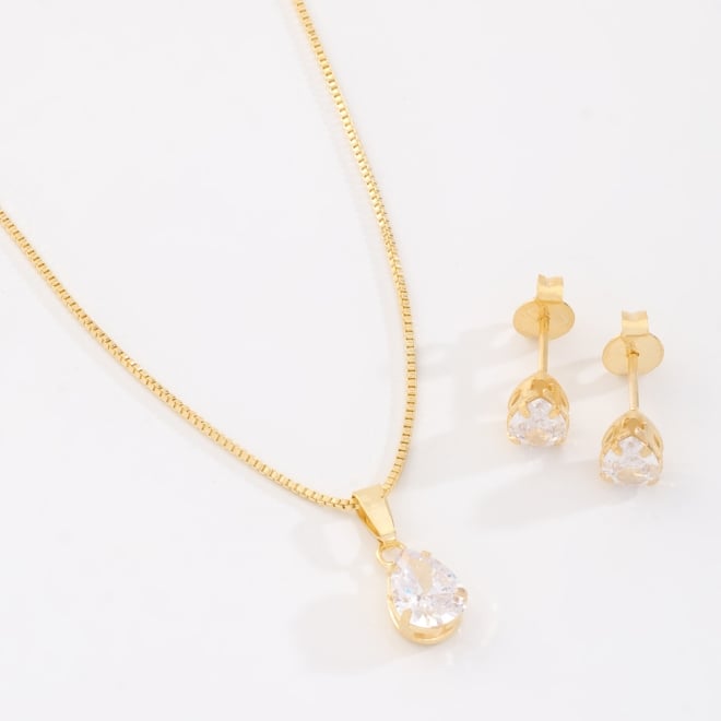 CJS-00060-CONJUNTO BANHADO A OURO 18K COM PINGENTE E BRINCOS EM FORMATO DE GOTA