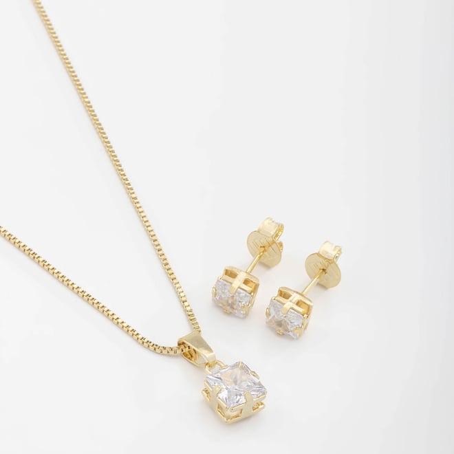 CJS-00063 CONJUNTO BANHADO A OURO 18K COM PEDRA QUADRADA LAPIDADA