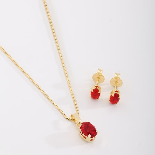 CJS-00064 CONJUNTO BANHADO A OURO 18K COM PEDRA OVAL LAPIDADA