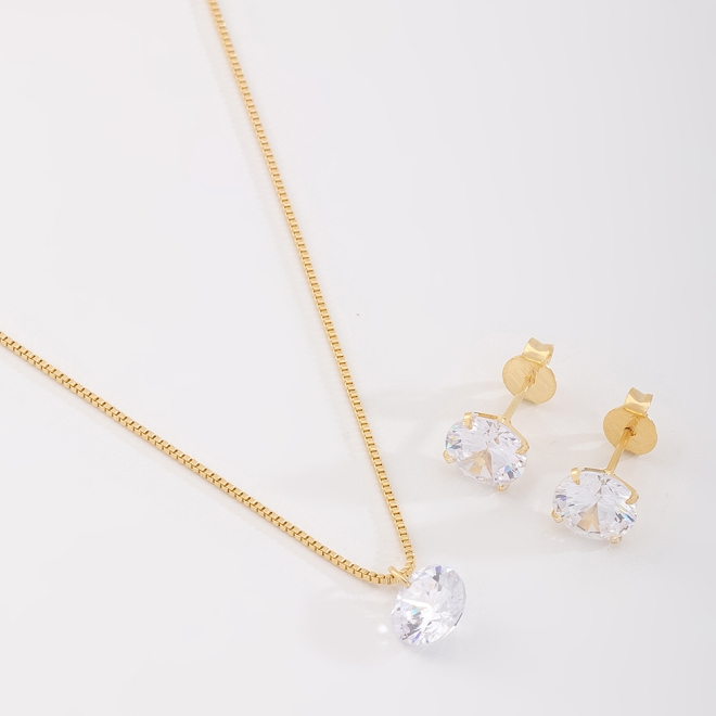 CJS-00065 CONJUNTO BANHADO A OURO 18K COM COLAR E BRINCOS PONTO DE LUZ