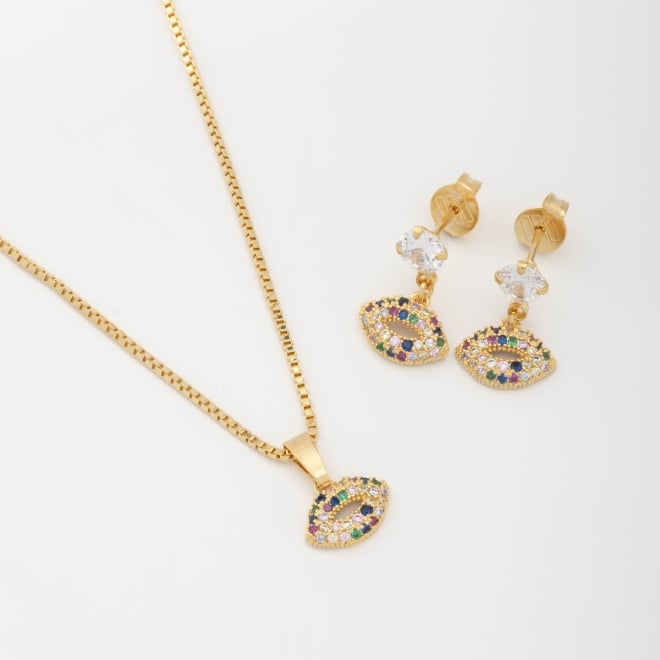 CJS-00067 CONJUNTO COM PINGENTE DE BOCA EM ZIRCÔNIAS