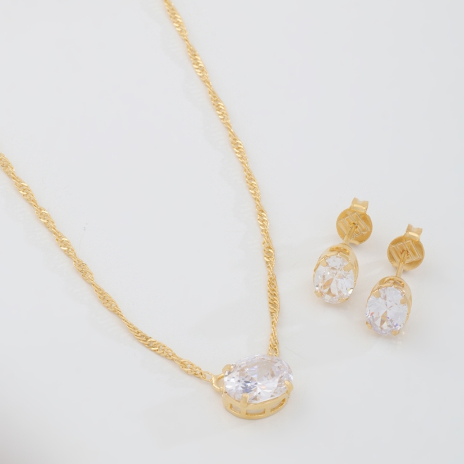 CJS-00070 CONJUNTO BANHADO A OURO 18K COM PEDRA OVAL LAPIDADA