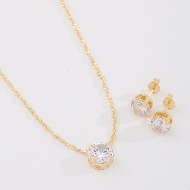 CJS-00071 CONJUNTO COM ZIRCÔNIAS LAPIDADAS EM FORMATO REDONDO E CORRENTE SINGAPURA