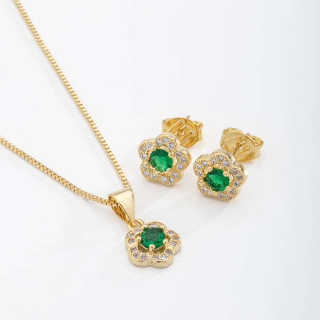 CJS-00100 CONJUNTO FLOR COM ZIRCÔNIAS BANHADO A OURO 18K