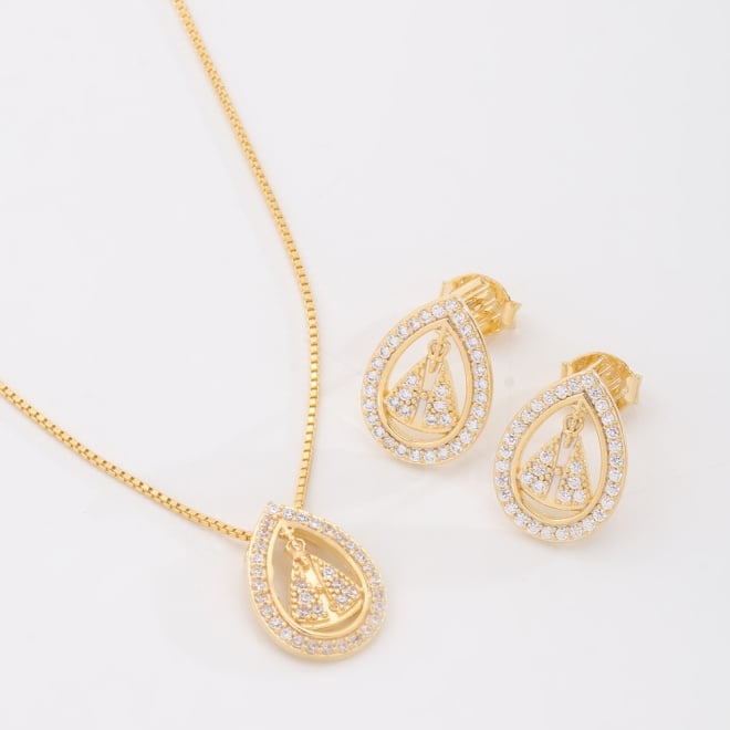 CJS-00111 CONJUNTO BANHADO A OURO 18K DE GOTA COM N. S. APARECIDA CRAVEJADA