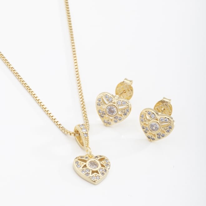 CJS-00116 CONJUNTO BANHADO A OURO 18K COM DESIGN ROMÂNTICO E CHEIO DE SIGNIFICADO,COLAR COM PINGENTE EM FORMATO DE CORAÇÃO
