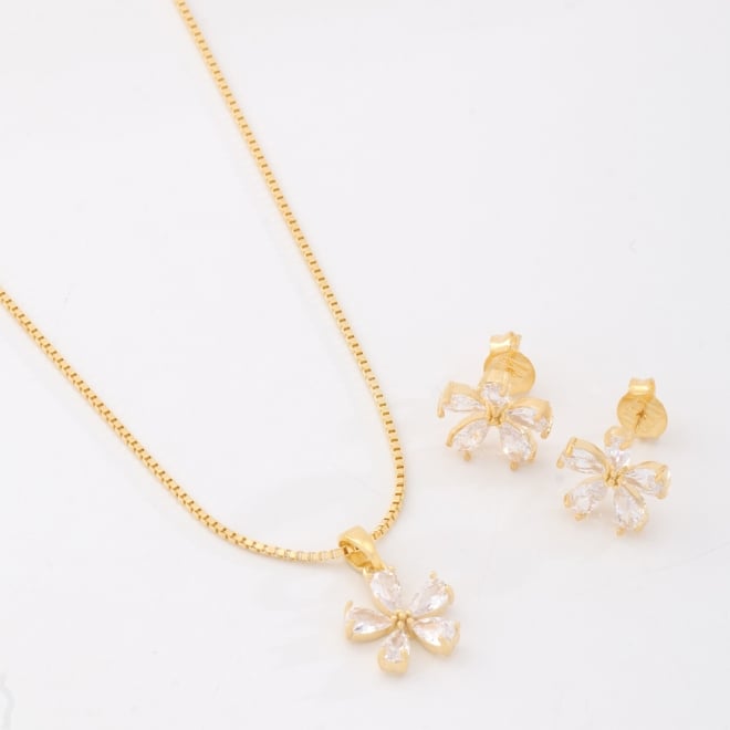 CJS-00124 CONJUNTO BANHADO A OURO 18K COM FLOR COM ZIRCÔNIAS