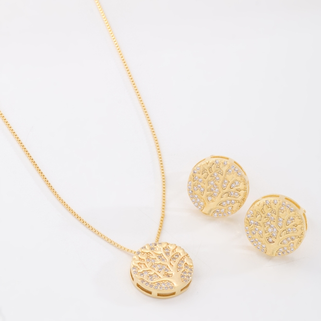 CJS-00132 CONJUNTO BANHADO A OURO 18K COM ÁRVORE DA VIDA E DETALHES CRAVEJADOS EM ZIRCÔNIAS