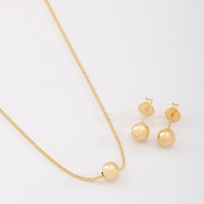 CJS-00134 CONJUNTO BANHADO A OURO 18K EM BOLA LISA.