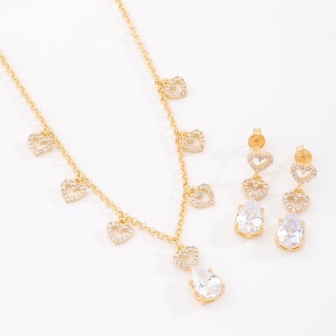 CJX-00031 CONJUNTO BANHADO A OURO 18K COM DETALHES DE CORAÇÕES EM ZIRCÔNIAS E PINGENTE EM GOTA LAPIDADA