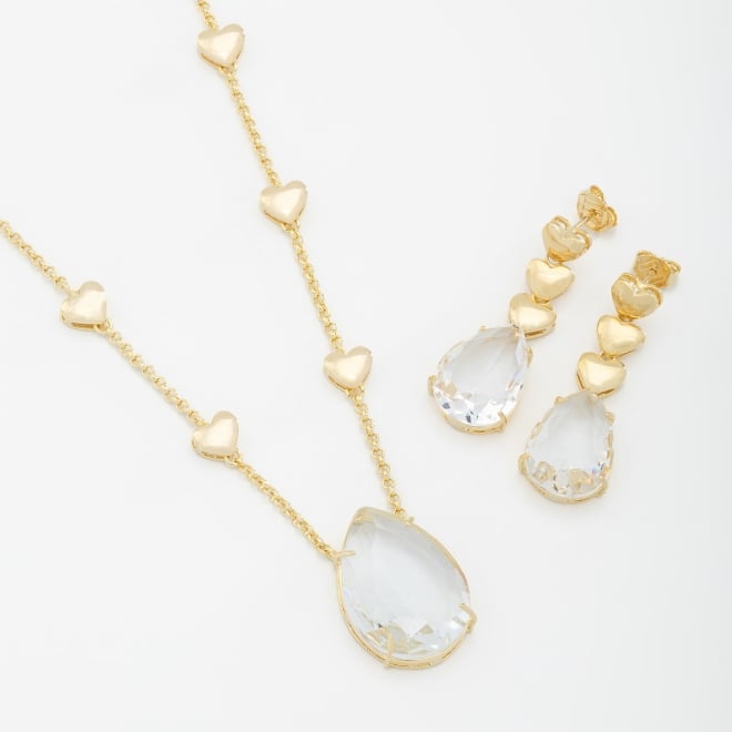 CJX-00033 CONJUNTO BANHADO A OURO 18K COM PEDRAS LAPIDADAS EM FORMATO DE GOTA E DETALHES EM CORAÇÕES