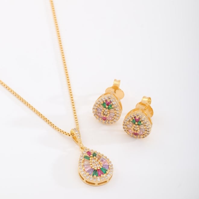 CJX-00055 CONJUNTO GOTA CRAVEJADO EM ZIRCÔNIAS COLORIDAS