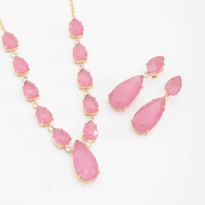 CJX-00061 CONJUNTO COM DESIGN EM GOTAS E PEDRAS ROSA LAPIDADAS
