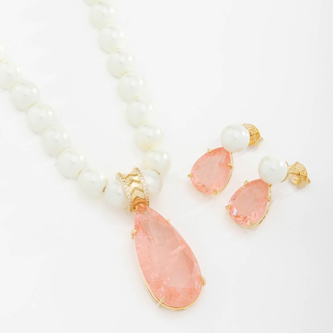 CJX-00069 CONJUNTO GOTA PEDRA FUSION ROSA PREMIUM E PÉROLA 