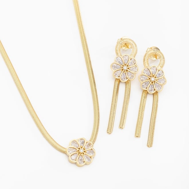 CJX-00131 CONJUNTO BANHADO A OURO 18K COM FLOR CRAVEJADA E MALHA SNAKE