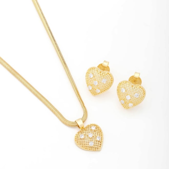 CJX-00141 CONJUNTO BANHADO A OURO 18K EM FORMATO DE CORAÇÃO COM ZIRCÔNIAS