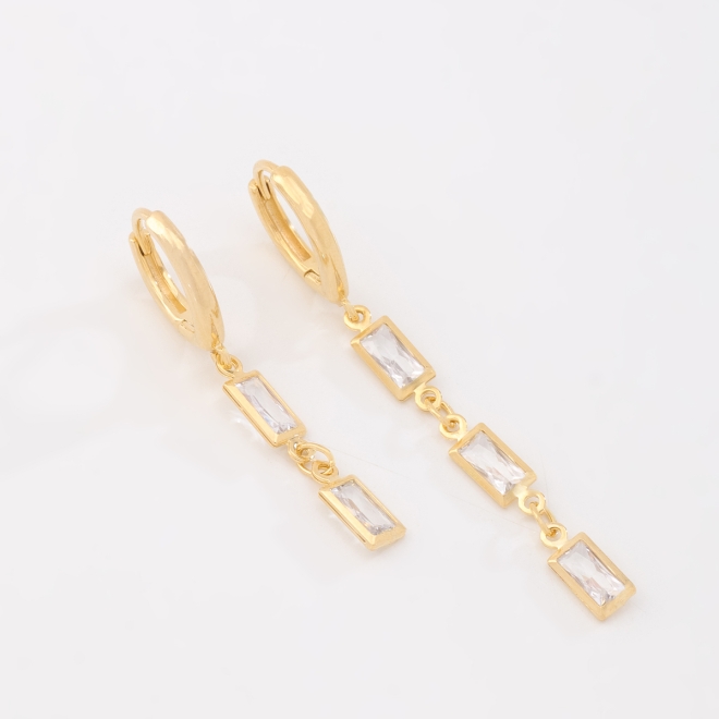 DAC-0041 BRINCO BANHADO A OURO 18K DE ARGOLA DUPLA COM PINGENTES RETANGULARES EM ZIRCÔNIA