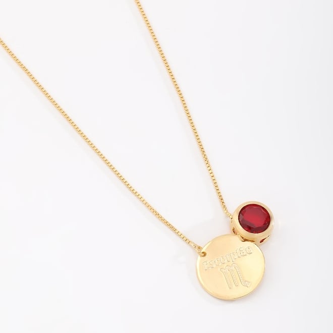 ES-0042 ESCAPULÁRIO BANHADO A OURO 18K COM PINGENTE DUPLO DE SIGNOS E ZIRCÔNIA COLORIDA