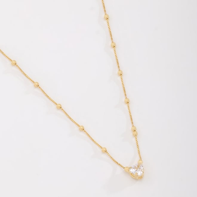 GR-00018 COLAR BANHADO A OURO 18K COM CORRENTE DELICADA COM MINI ESFERAS E PINGENTE DE CORAÇÃO EM ZIRCÔNIA