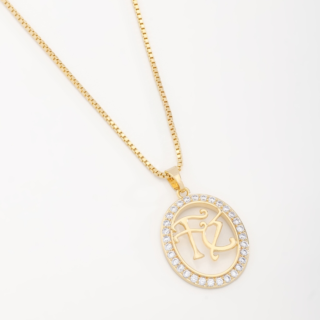 GR-00209 COLAR BANHADO A OURO 18K COM CORRENTE VENEZIANA E PINGENTE OVAL ESCRITO “FÉ”