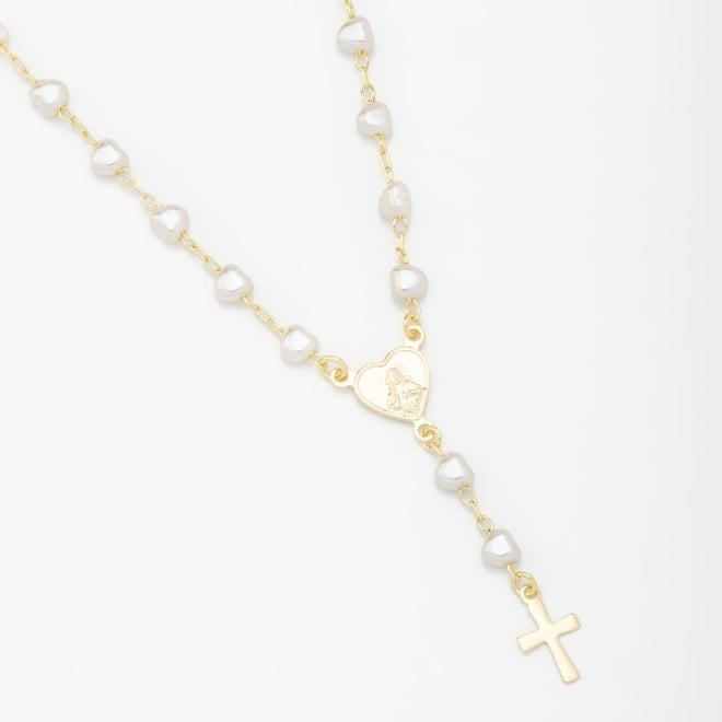 GR-00275 COLAR DE TERÇO COM PÉROLAS E CORAÇÃO COM CRUZ