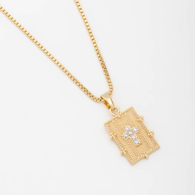 GR-00428 COLAR DE PLACA TEXTURIZADO E DETALHE DE CRUZ EM ZIRCÔNIAS