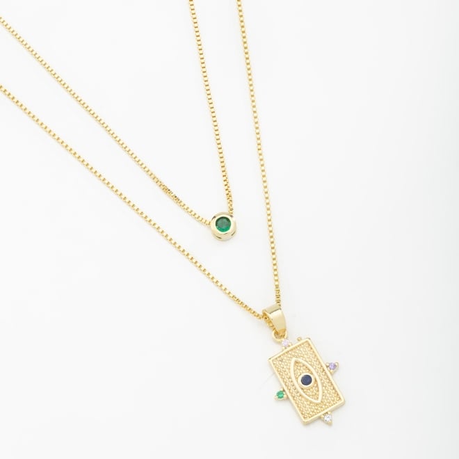 GR-00621 COLAR DUPLO BANHADO A OURO 18K COM CORRENTES VENEZIANAS, SENDO UMA COM PONTO DE LUZ EM ZIRCÔNIA  E OUTRA COM OLHO GREGO
