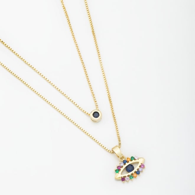 GR-00625 COLAR DUPLO BANHADO A OURO 18K COM CORRENTES VENEZIANAS, SENDO UMA COM PONTO DE LUZ EM ZIRCÔNIA E OUTRA COM OLHO GREGO