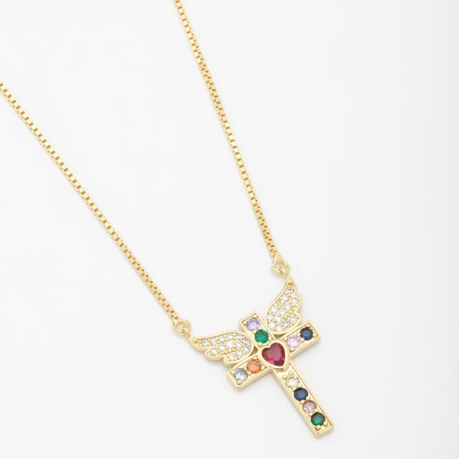 GR-00685 COLAR BANHADO A OURO 18K COM PINGENTE DE CRUZ COM DETALHES COLORIDOS EM ZIRCÔNIAS