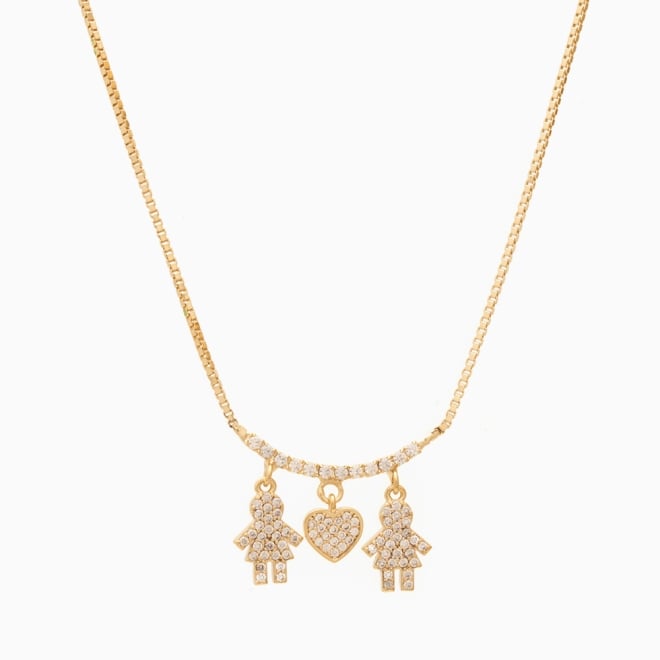 GR-00824 COLAR DUAS MENINAS E CORAÇÃO COM MICRO ZIRCÔNIA
