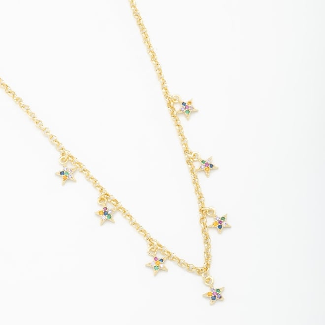 GR-00830 COLAR BANHADO A OURO 18K COM CORRENTE DE ELOS DELICADOS E PINGENTES EM ESTRELAS