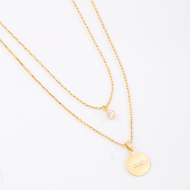 GR-00971 COLAR DUPLO BANHADO A OURO 18K COM MEDALHA GRATIDÃO E PONTO DE LUZ