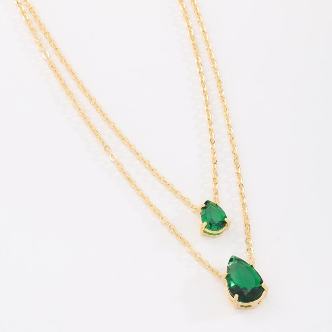GR-01194 COLAR BANHADO A OURO 18K COM DESIGN DUPLO E PEDRA EM FORMATO DE GOTA LAPIDADA