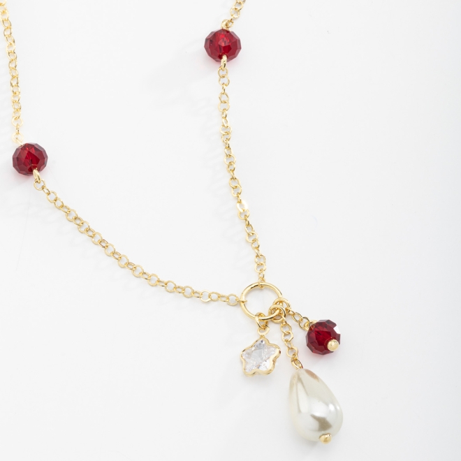 GR-01565 GARGANTILHA BANHADA A OURO 18K COM CRISTAIS FACETADOS, PÉROLA