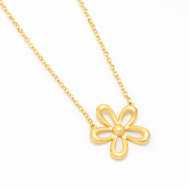 GR-01608 COLAR BANHADO A OURO 18K COM PINGENTE EM FORMATO DE FLOR COM DESIGN VAZADO